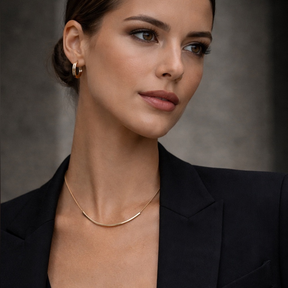 BCBG Gold Tone Curved Bar Necklace – Minimalist Layering Piece